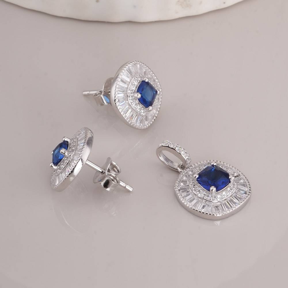 925 Sterling Silver Blue Crystal Halo Pendant Earring Set : SRWJS7