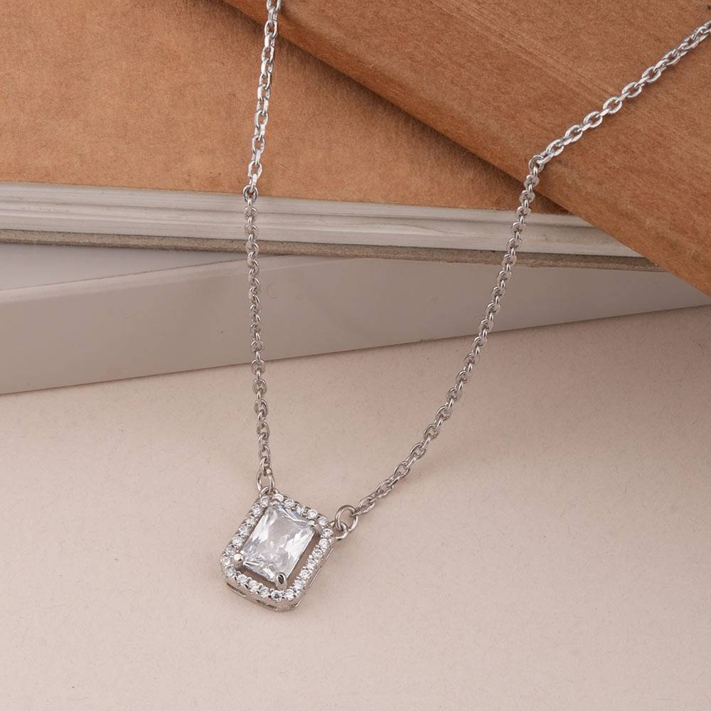 925 Sterling Silver Rectangular Crystal Pendant Necklace : SRWNC10