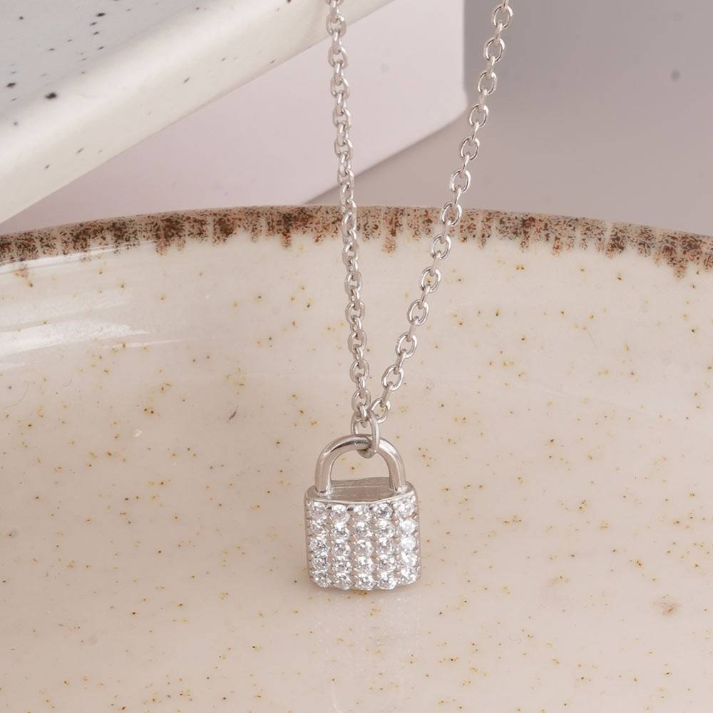 925 Sterling Silver Crystal Lock Necklace : SRWNC13