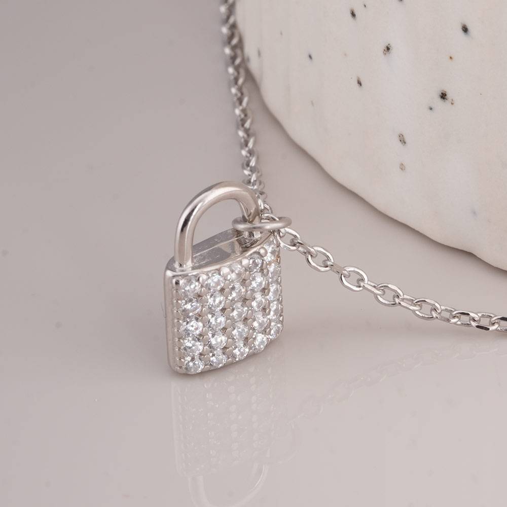 925 Sterling Silver Crystal Lock Necklace : SRWNC13