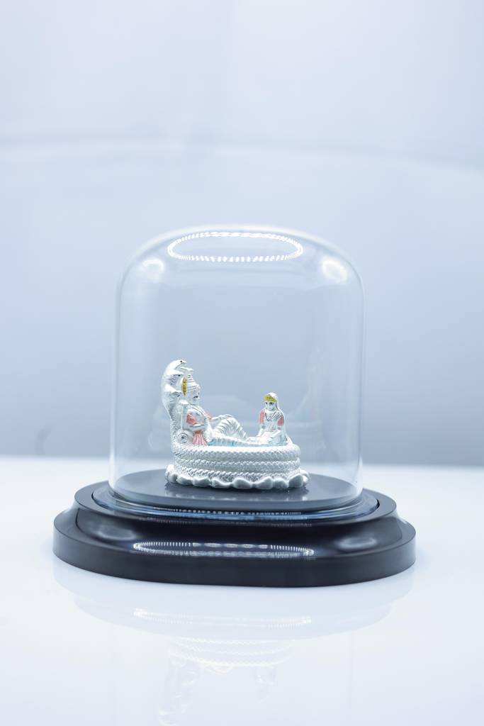 999 Pure Silver Vishnu Lakshmi Idol On Adisesha With Glass Dome Display : SSS-ID-EF-005