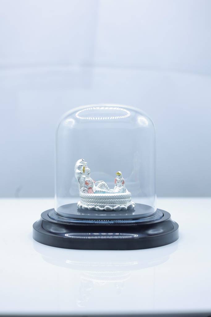 999 Pure Silver Vishnu Lakshmi Idol On Adisesha With Glass Dome Display : SSS-ID-EF-005
