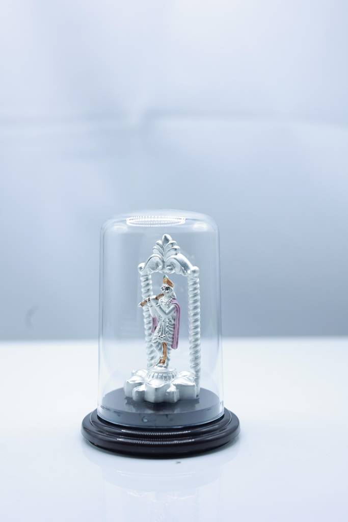 999 Pure Silver Lord Krishna Idol With Glass Dome Display : SSS-ID-EF-021