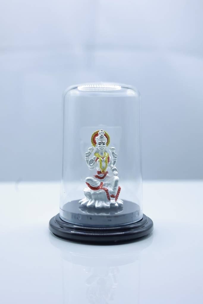 999 Pure Silver Goddess Lakshmi Idol With Glass Dome Display-Sss-Id-Ef-028 : SSS-ID-EF-028