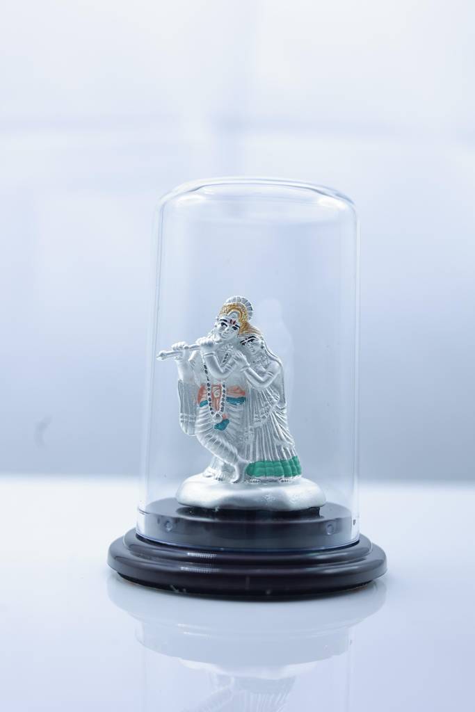 999 Pure Silver Radha Krishna Idol With Glass Dome Display : SSS-ID-EF-034