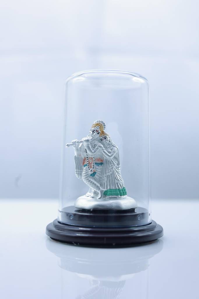999 Pure Silver Radha Krishna Idol With Glass Dome Display : SSS-ID-EF-034