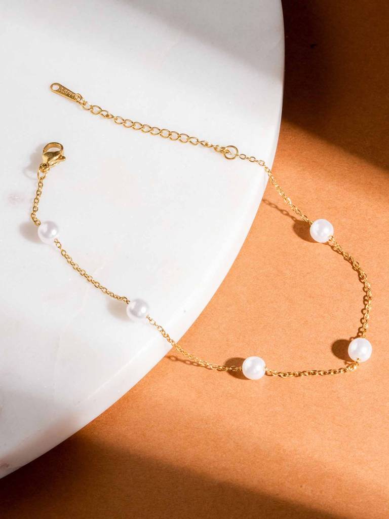 Gold Pearl Anklet For Womens - Waterproof & Anti-Tarnish : SSWAN0027