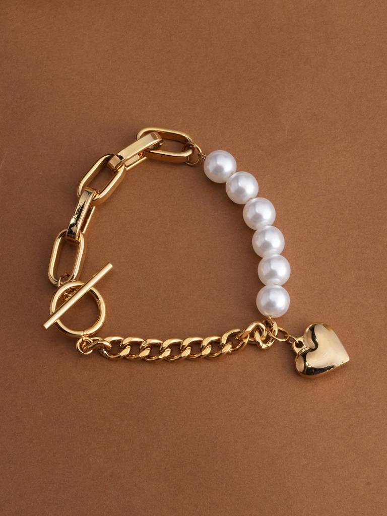 Pearl & Chain Link Heart Bracelet For Womens - Waterproof & Anti-Tarnish : SSWBR0393