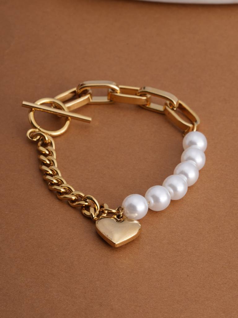 Pearl & Chain Link Heart Bracelet For Womens - Waterproof & Anti-Tarnish : SSWBR0393