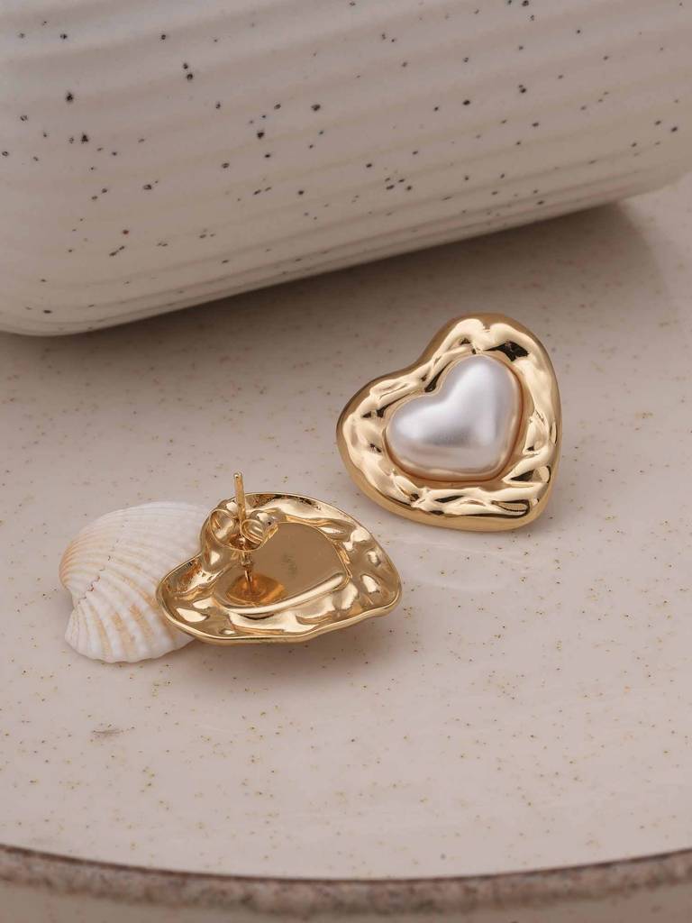 Golden Embrace Pearl Heart Studs For Womens - Waterproof & Anti-Tarnish : SSWER0563