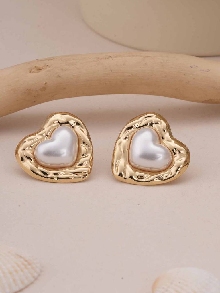 Golden Embrace Pearl Heart Studs For Womens - Waterproof & Anti-Tarnish : SSWER0563