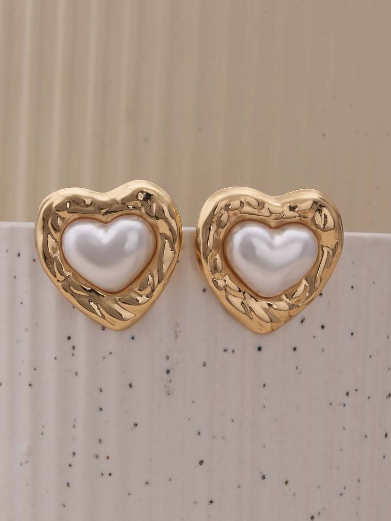 Golden Embrace Pearl Heart Studs For Womens - Waterproof & Anti-Tarnish : SSWER0563