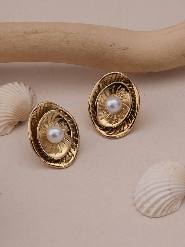 Golden Shell Pearl Studs For Womens - Waterproof & Anti-Tarnish : SSWER0564