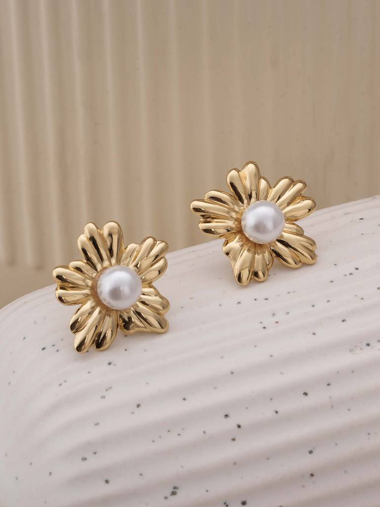 Golden Bloom Pearl Earrings For Womens - Waterproof & Anti-Tarnish : SSWER0567