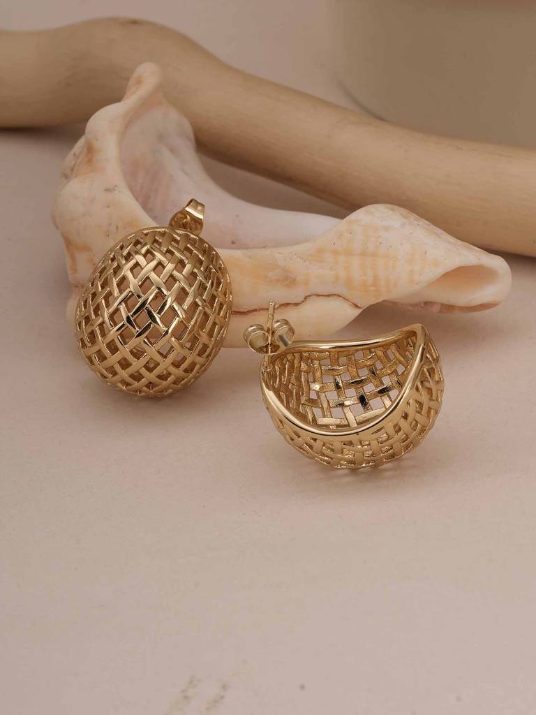 Honeycomb Gold Dome Studs For Womens - Waterproof & Anti-Tarnish : SSWER0578