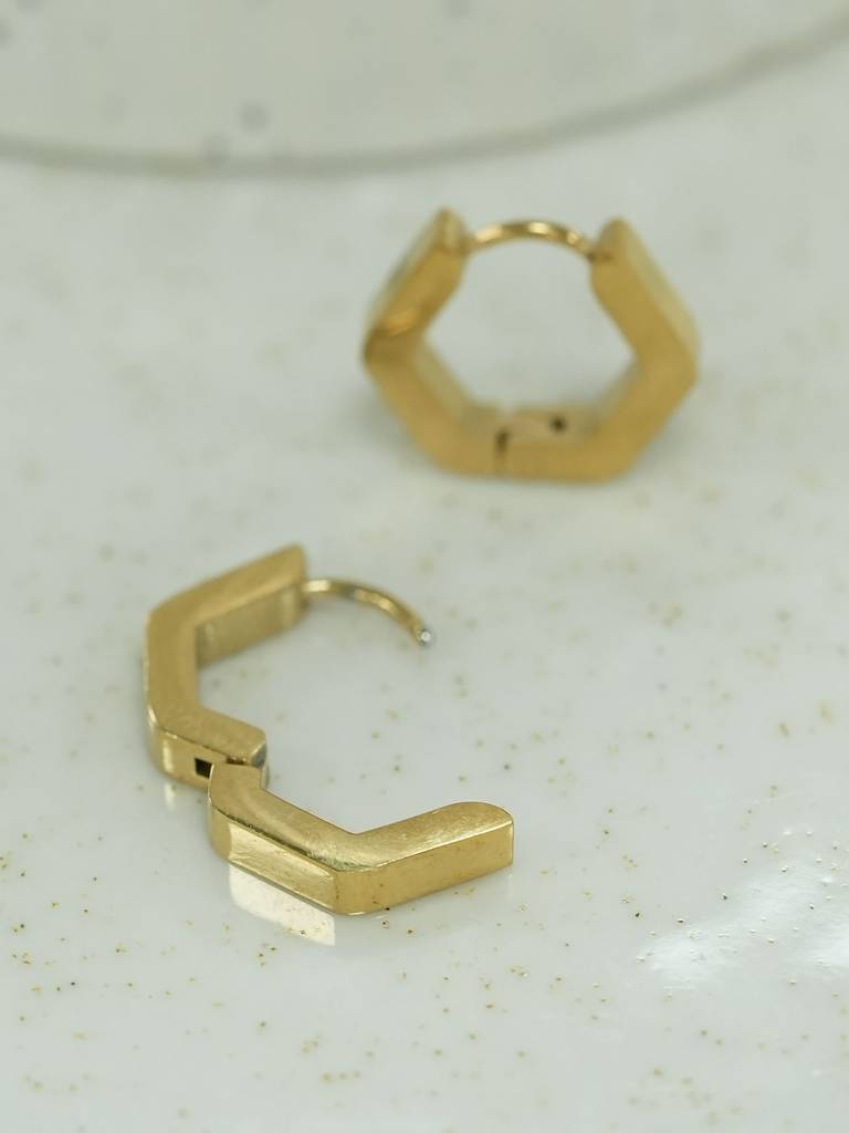 Gold Hexagon Huggie Hoop Earrings For Womens - Waterproof & Anti-Tarnish : SSWER0591