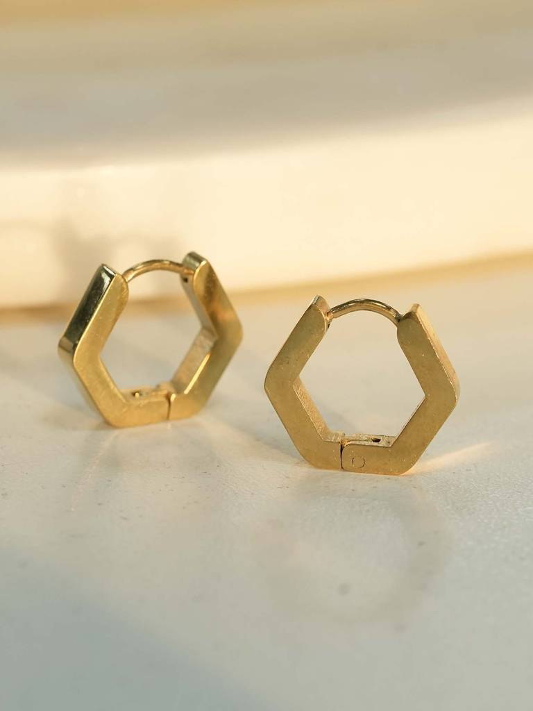 Gold Hexagon Huggie Hoop Earrings For Womens - Waterproof & Anti-Tarnish : SSWER0591