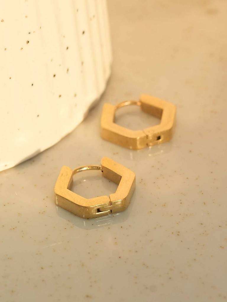 Gold Hexagon Huggie Hoop Earrings For Womens - Waterproof & Anti-Tarnish : SSWER0591
