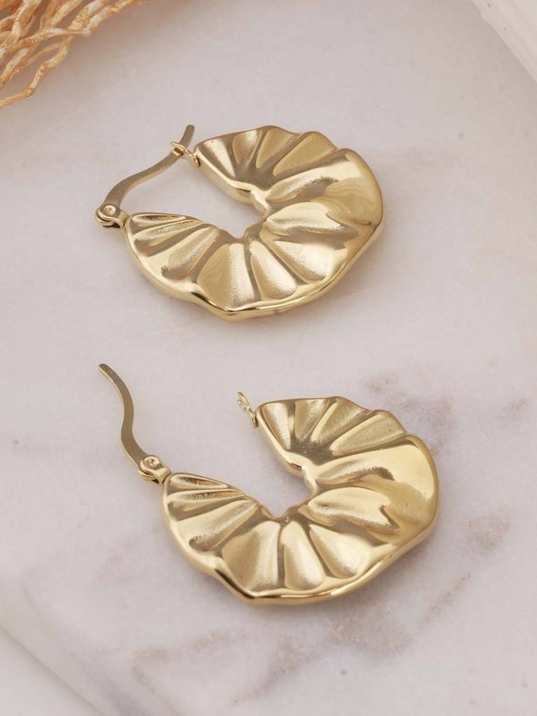 Gold Textured Creole Hoop Earrings For Womens - Waterproof & Anti-Tarnish : SSWER0599