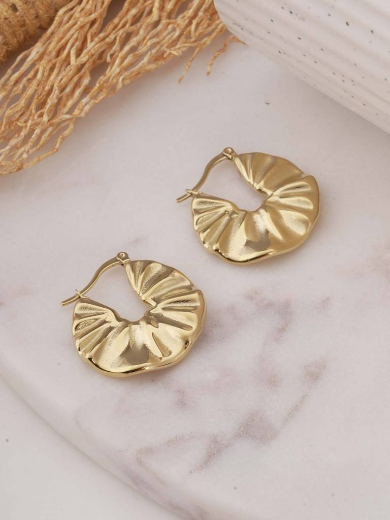 Gold Textured Creole Hoop Earrings For Womens - Waterproof & Anti-Tarnish : SSWER0599