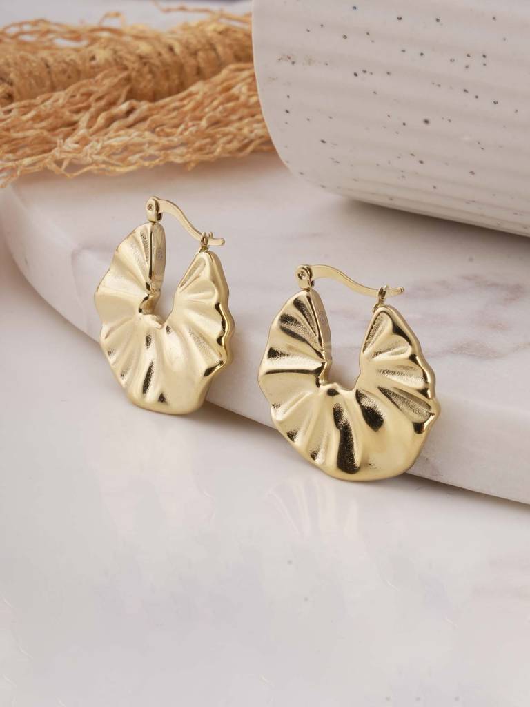 Gold Textured Creole Hoop Earrings For Womens - Waterproof & Anti-Tarnish : SSWER0599