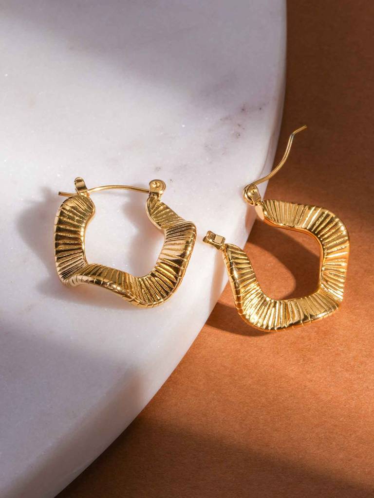 Gold Ribbed Hoop Earrings For Womens - Waterproof & Anti-Tarnish : SSWER0600