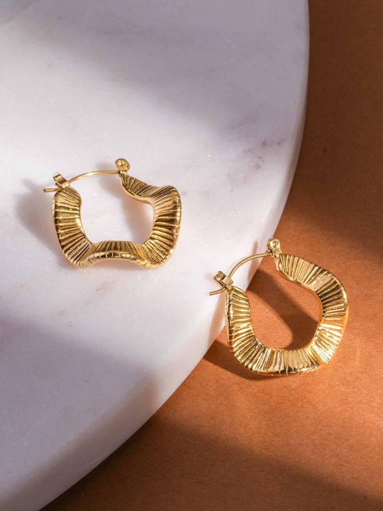Gold Ribbed Hoop Earrings For Womens - Waterproof & Anti-Tarnish : SSWER0600