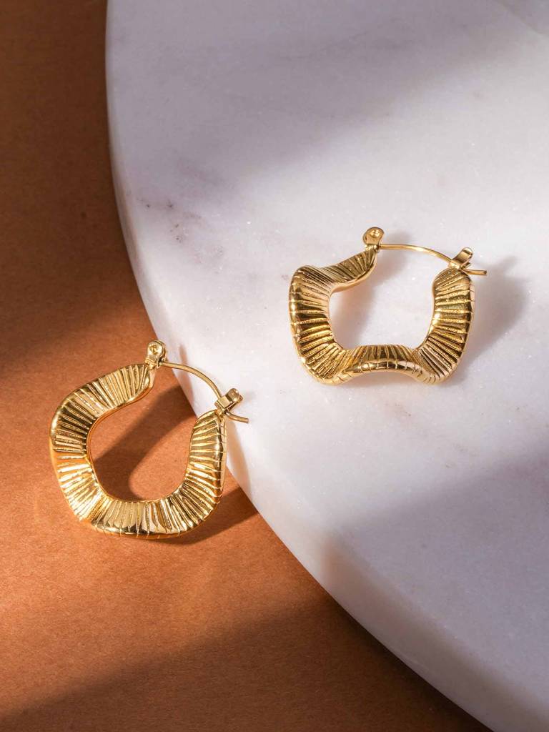 Gold Ribbed Hoop Earrings For Womens - Waterproof & Anti-Tarnish : SSWER0600