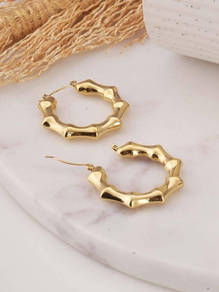 Gold Bamboo Hoop Earrings For Womens - Waterproof & Anti-Tarnish : SSWER0610