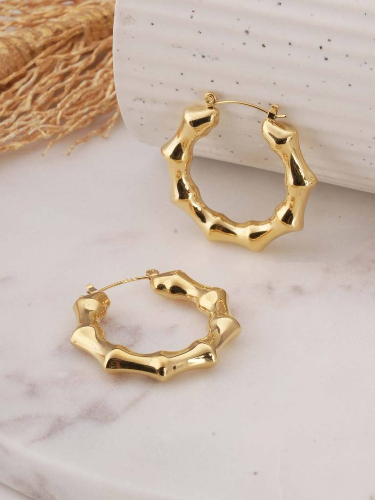 Gold Bamboo Hoop Earrings For Womens - Waterproof & Anti-Tarnish : SSWER0610