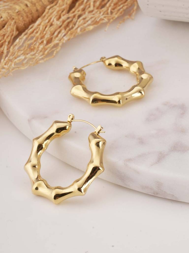 Gold Bamboo Hoop Earrings For Womens - Waterproof & Anti-Tarnish : SSWER0610
