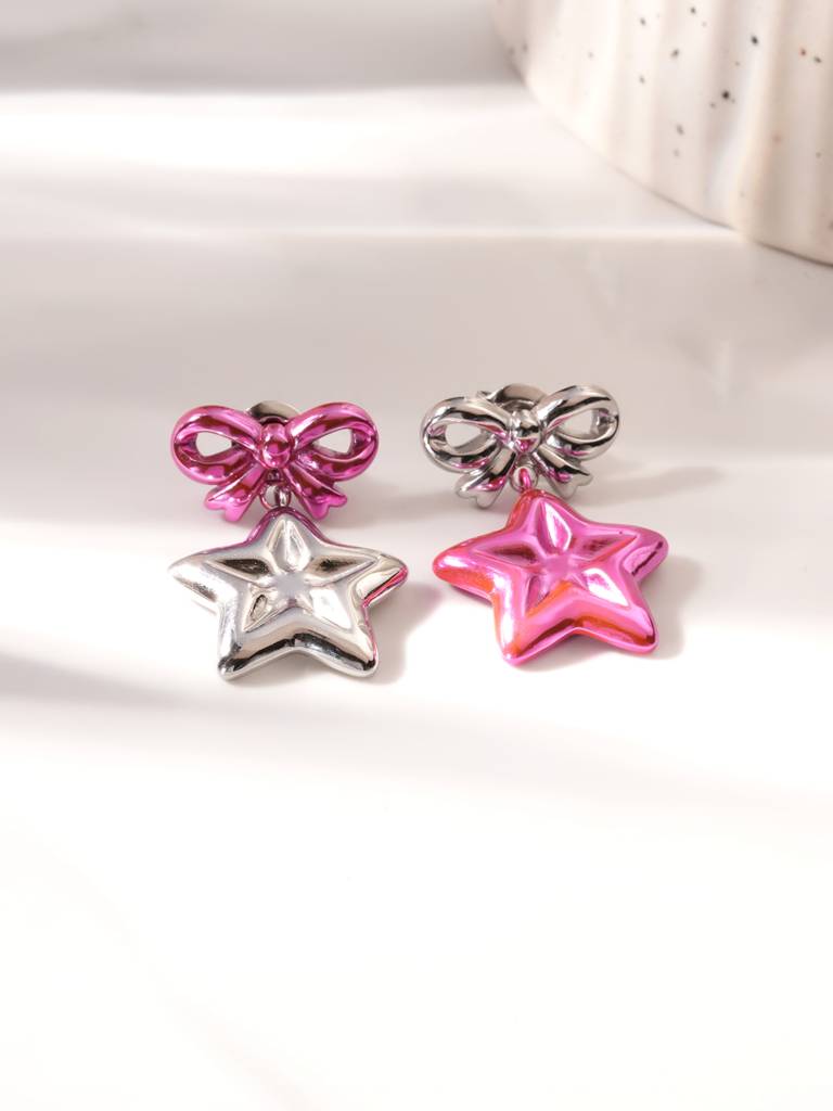 Cute Pink Bow & Star Drop Earrings For Women : SSWER0928