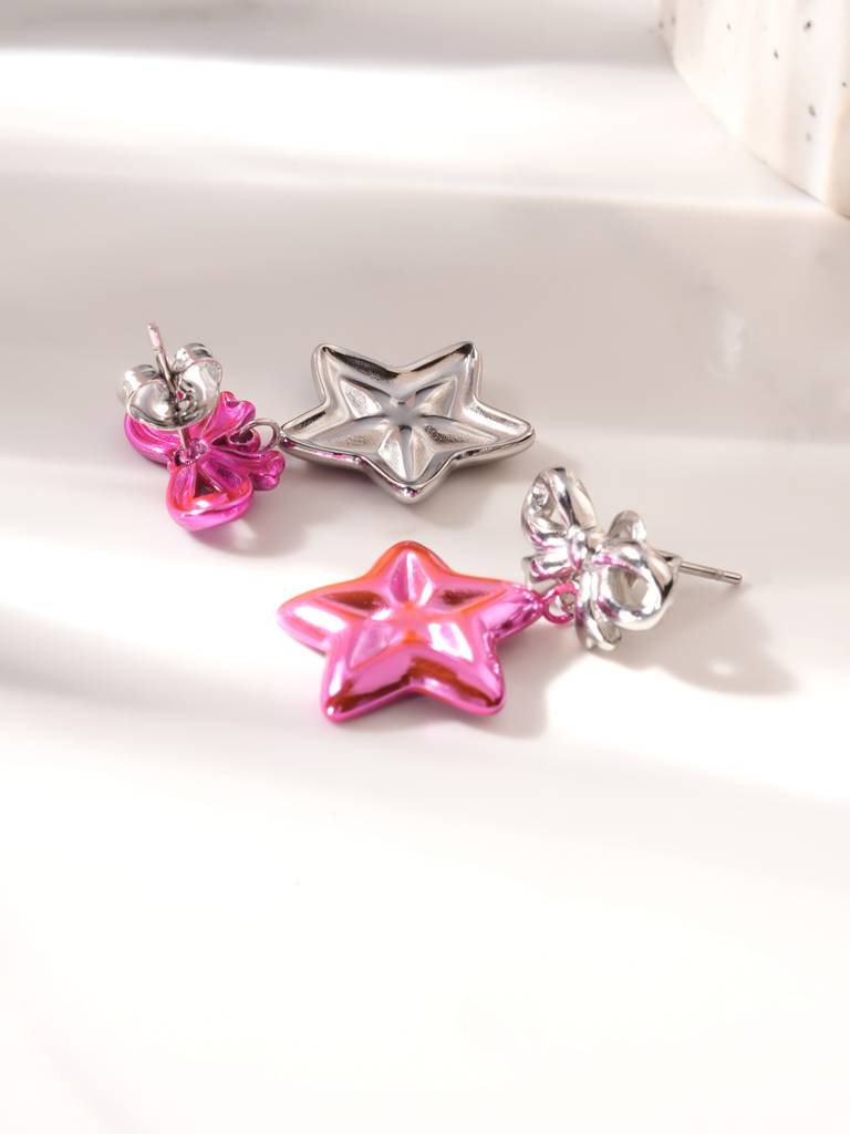 Cute Pink Bow & Star Drop Earrings For Women : SSWER0928