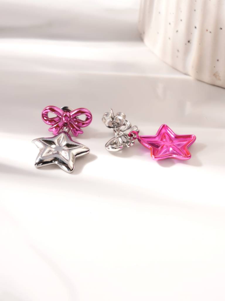 Cute Pink Bow & Star Drop Earrings For Women : SSWER0928