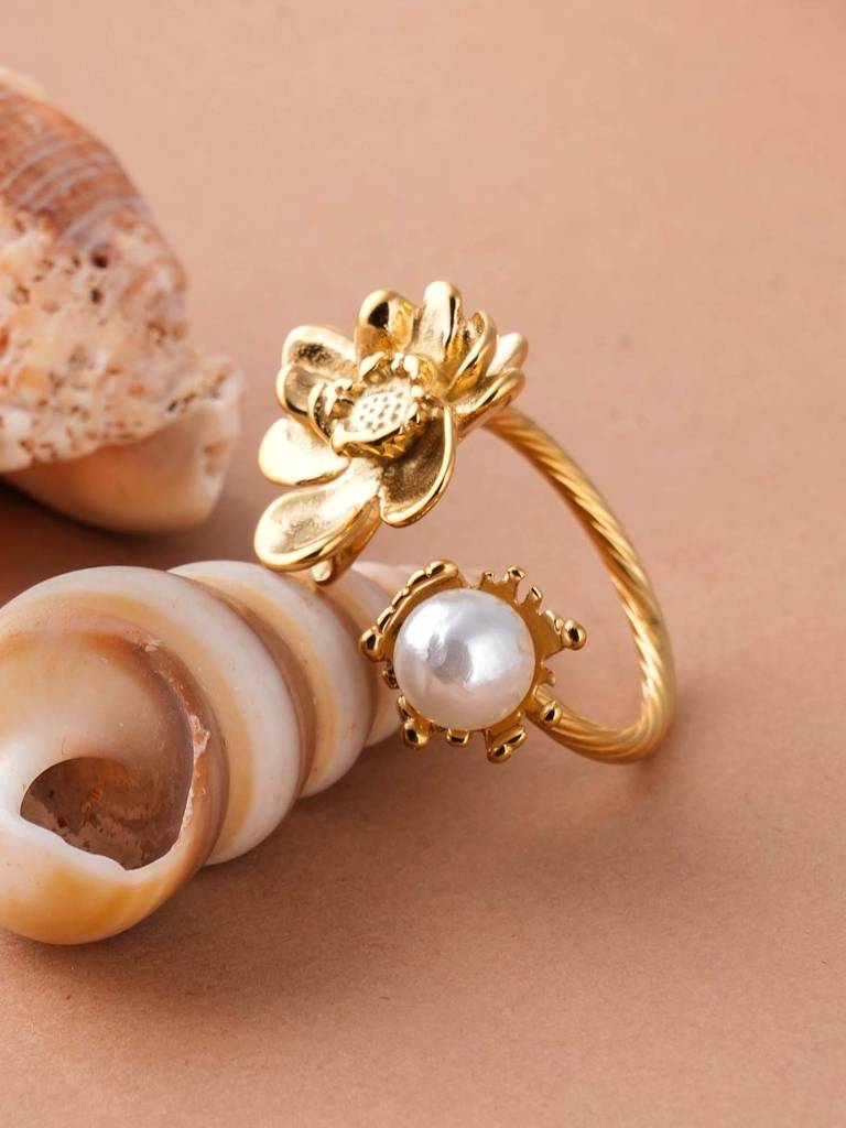 Open Shank Floral Pearl Gold Ring For Womens (Size- Adjustable) : SSWRG0619-A