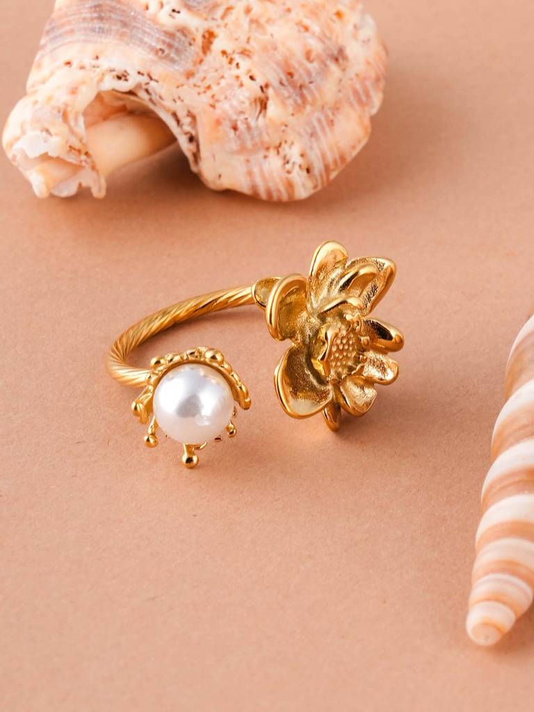 Open Shank Floral Pearl Gold Ring For Womens (Size- Adjustable) : SSWRG0619-A