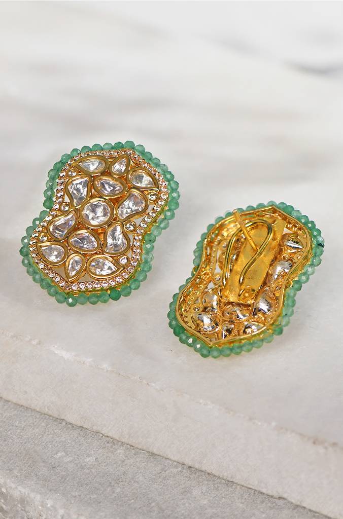 Kundan Polki Green Beaded Stud Earrings