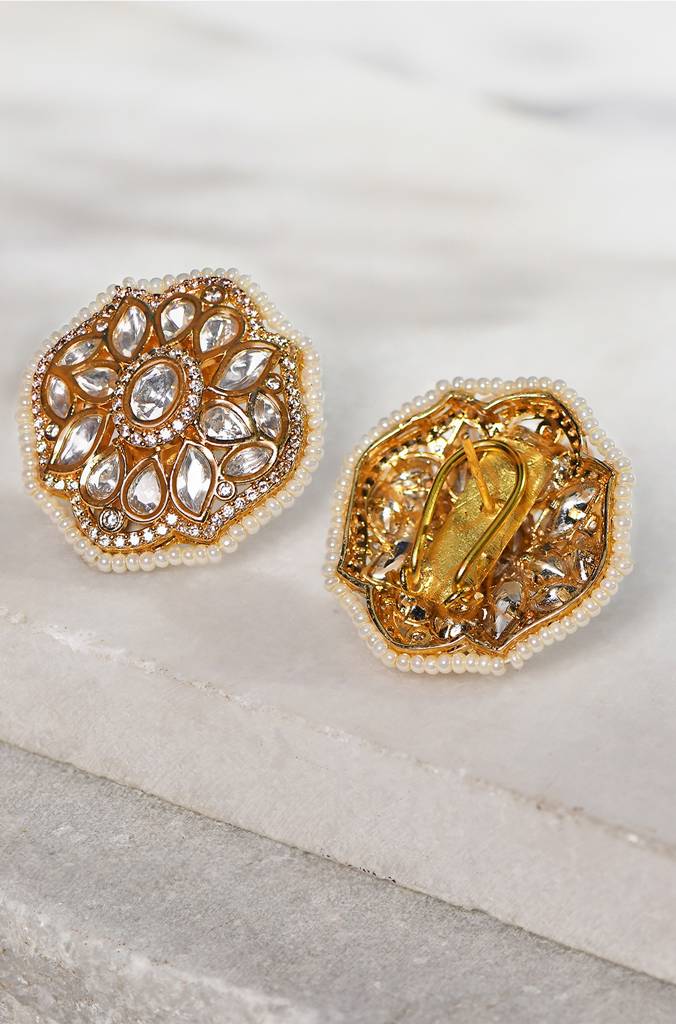 Polki Stud Earrings With Pearls