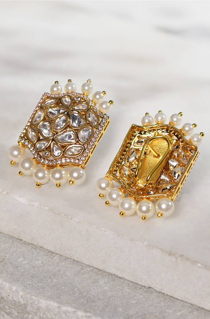 Stud Earrings With Polki And Pearls