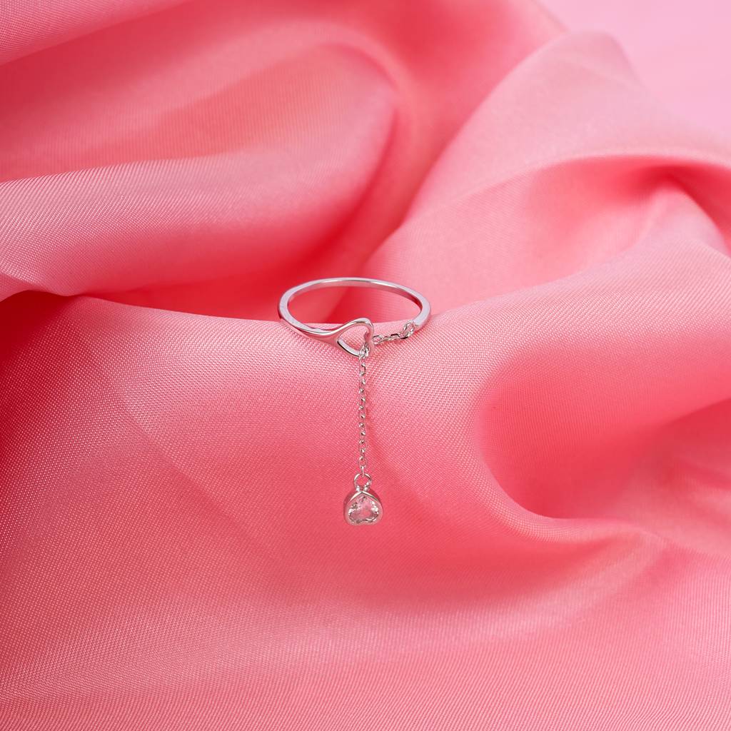 925 Sterling Silver Heart Chain Drop Dangle Adjustable Ring : STRG4-A