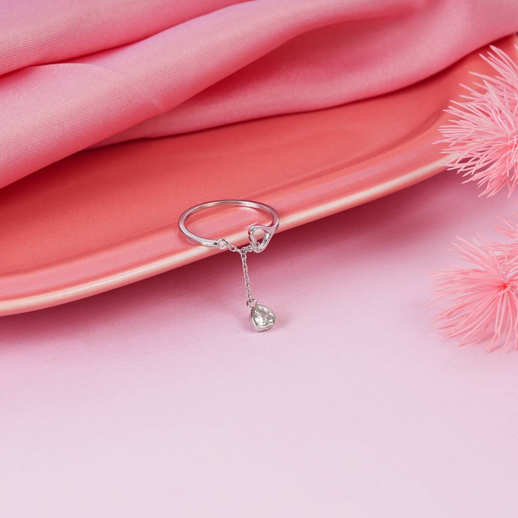 925 Sterling Silver Heart Chain Drop Dangle Adjustable Ring : STRG4-A
