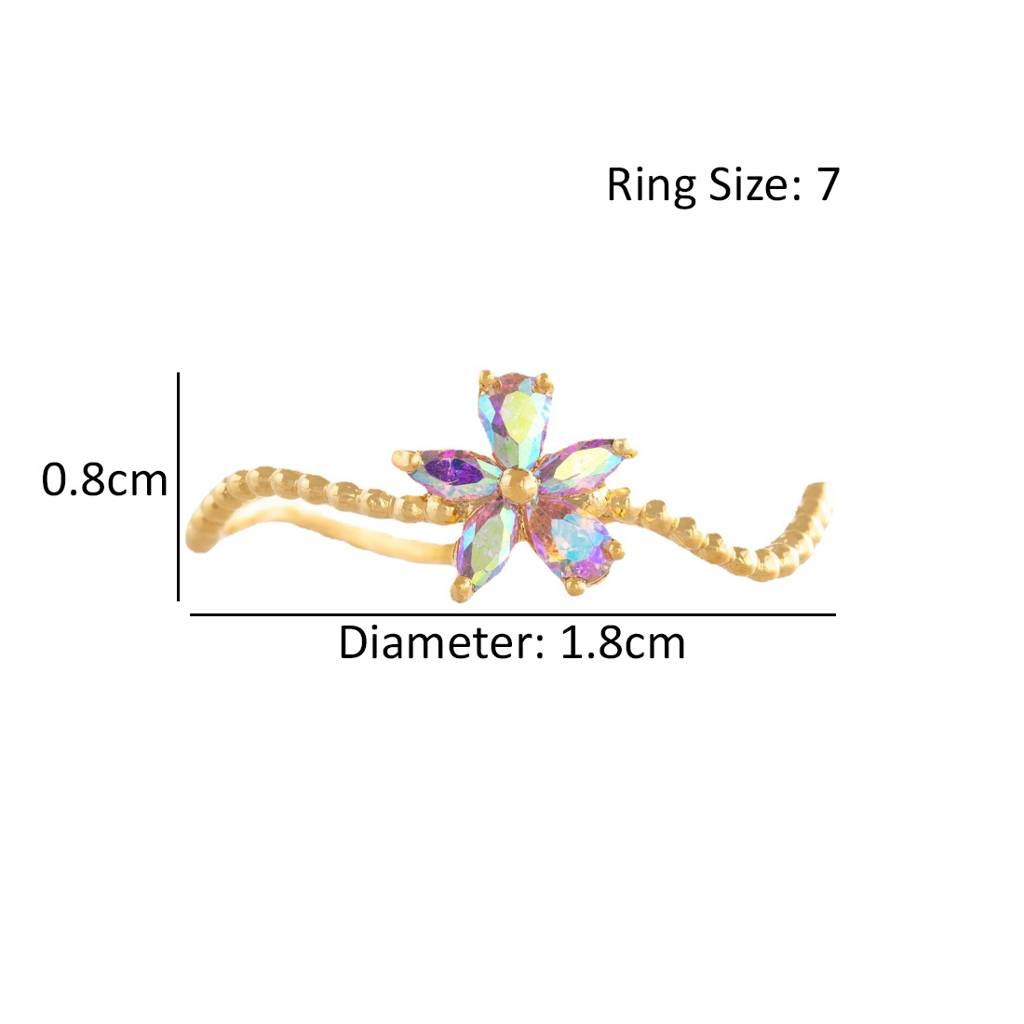 18K Gold Plated Waterproof, Anti-Tarnish Zircon Floral Wavy Ring : AWU0125R018_7