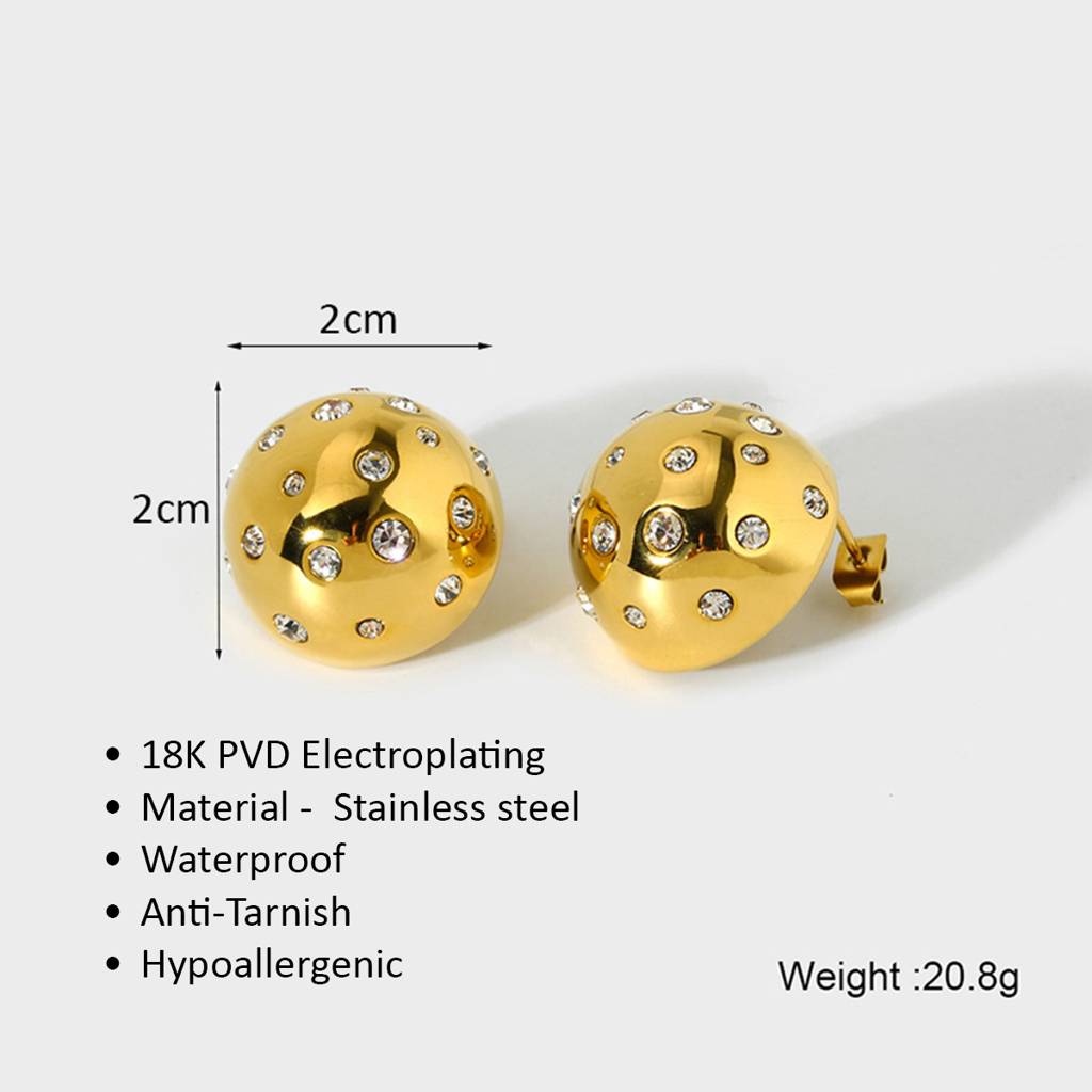 18K Gold Plated Waterproof Anti-Tarnish Round Zircon Dome Studs : ANX0125E100