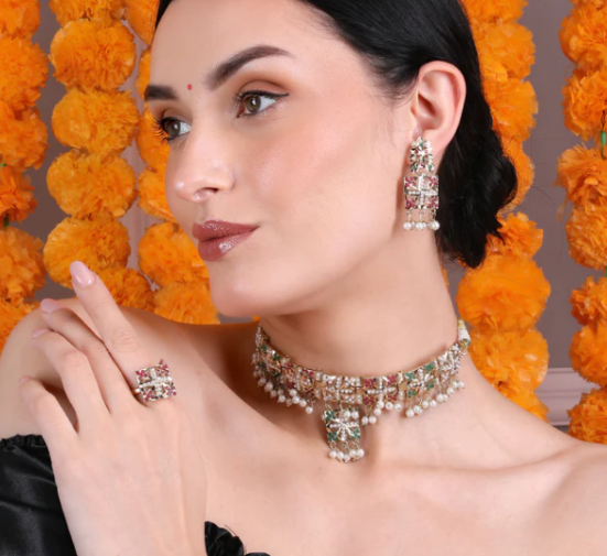 Multicolor Pearl-Studded Choker Set With Earrings & Adjustable Ring : RMQJ0246