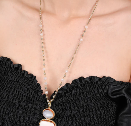Ivory And Rose Quartz Dual-Pendant Necklace With Gold Beaded Chain : RMQJ0245