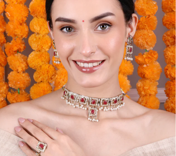 Royal Ruby And White Stone Choker Set With Earrings And Ring : RMQJ0238