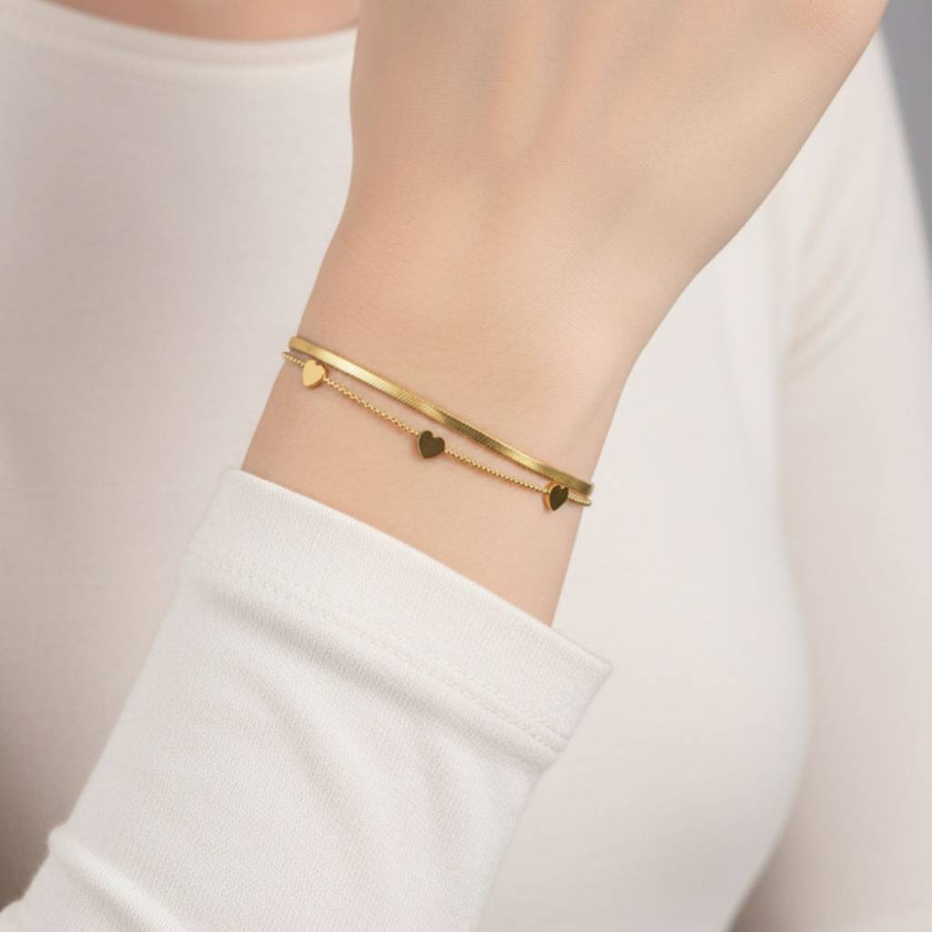 18K Gold Plated Double Layer Heart Bracelet : RJFSBR18