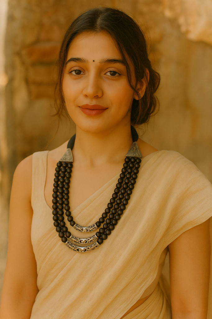 3 Layer Black Beads Necklace With Metal Accents And Adjustable Thread Closure : ALT-JEW-KM-99