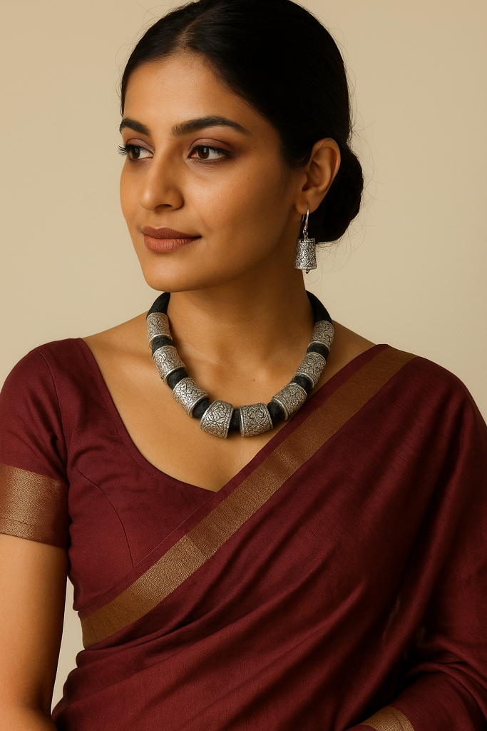 Intricately Detailed Metal Accents Braided With Black Fabric Threads Necklace Set : ALT-JEW-RGHSDR-19