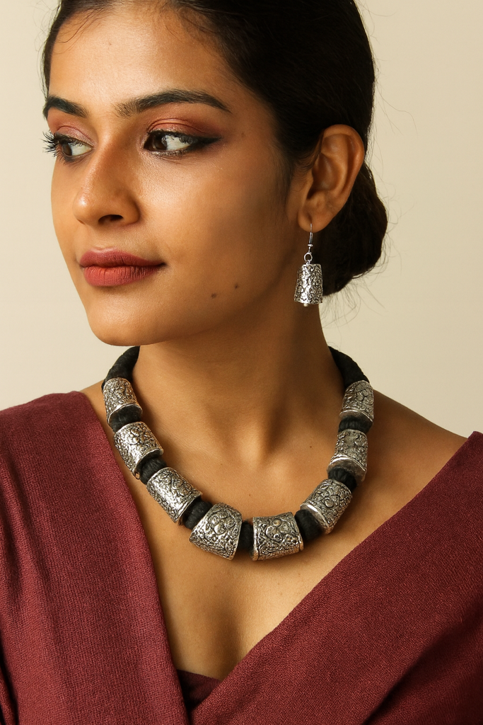 Intricately Detailed Metal Accents Braided With Black Fabric Threads Necklace Set : ALT-JEW-RGHSDR-19